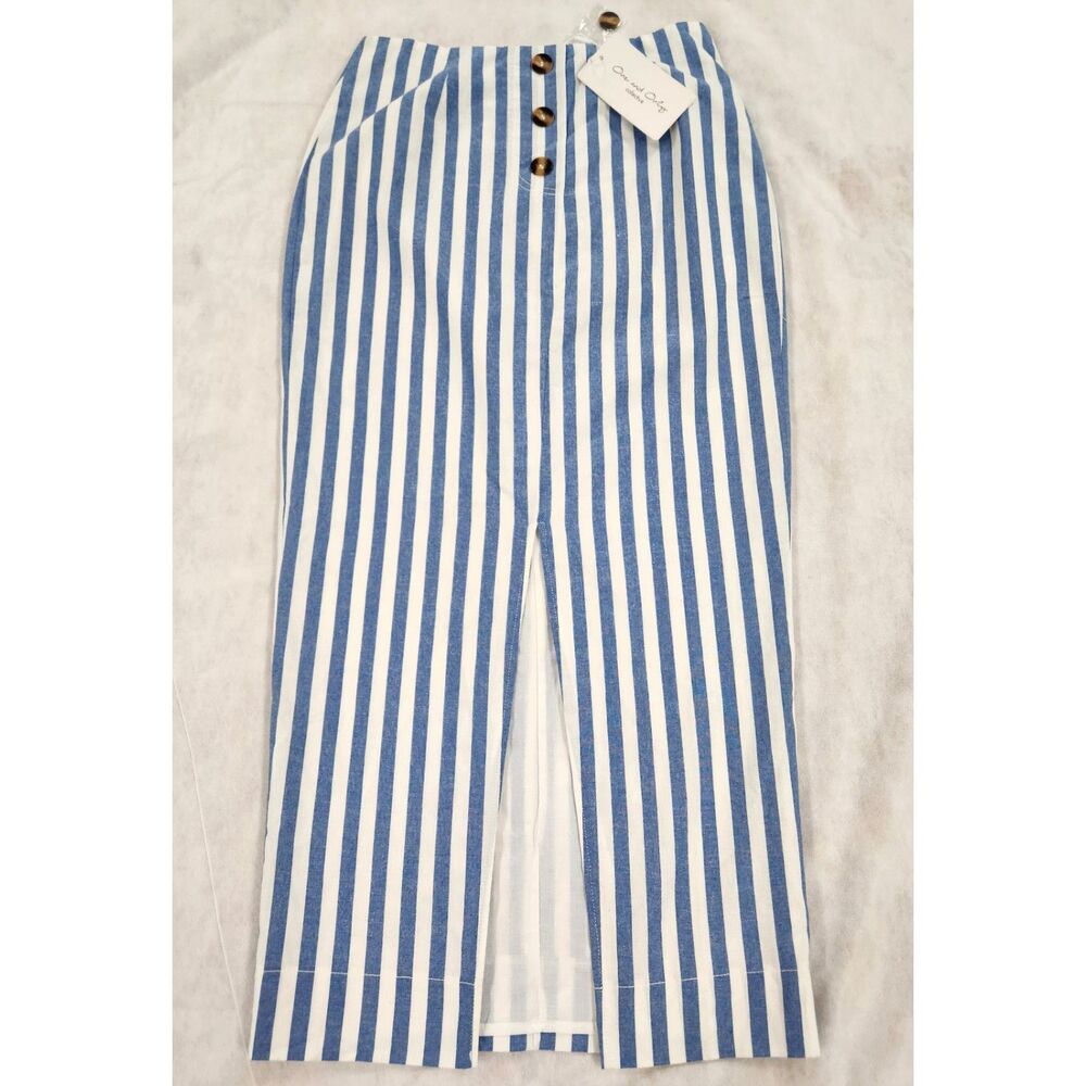 One and Only Collective Womens Maxi Skirt L Blue White Striped Coastal Nautical